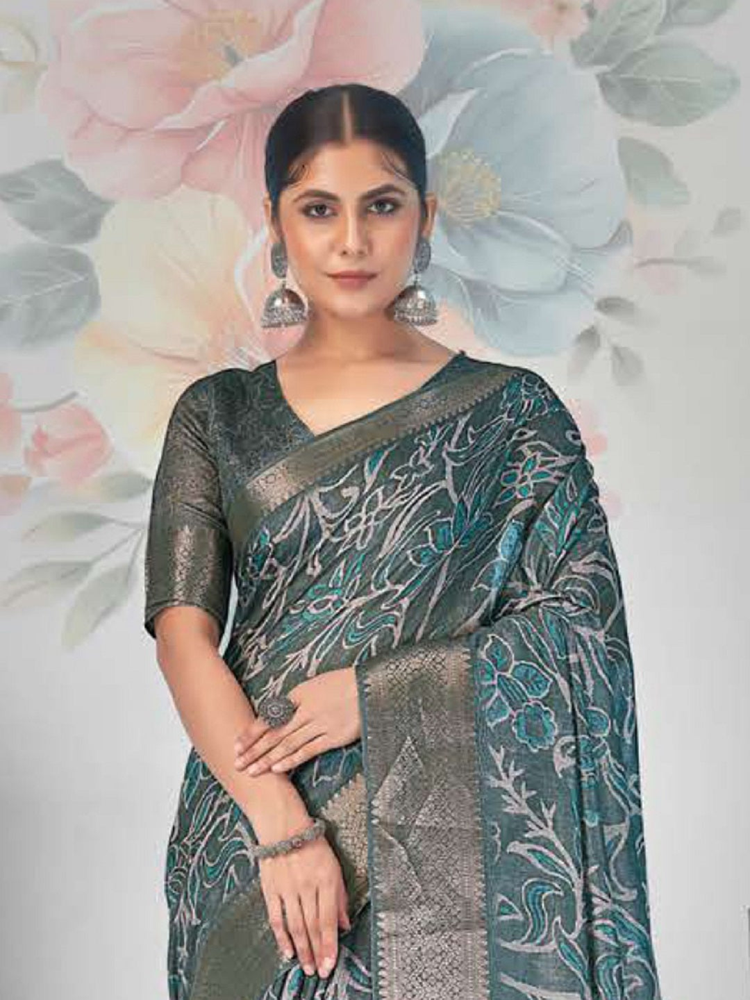 Stylum Women's Teal Paisley Print With Zari Border Cotton Saree (SRSHAZIYATEAL)