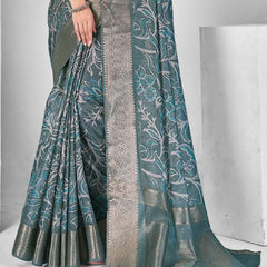 Stylum Women's Teal Paisley Print With Zari Border Cotton Saree (SRSHAZIYATEAL)