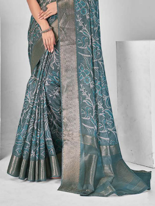 Stylum Women's Teal Paisley Print With Zari Border Cotton Saree (SRSHAZIYATEAL)