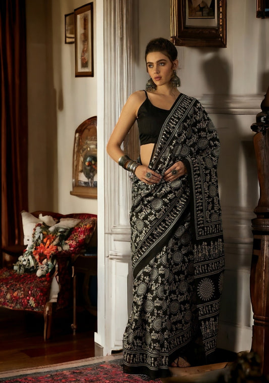 Stylum Women's Black Traditional Folklore Printed Bhagalpuri Silk Saree (SRSIYABLACK)