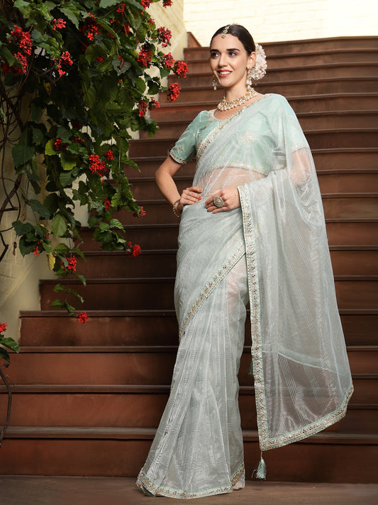 Stylum Women's Sky Blue Gota Patti Work Shimmer Net Saree (SRSKYBELL)
