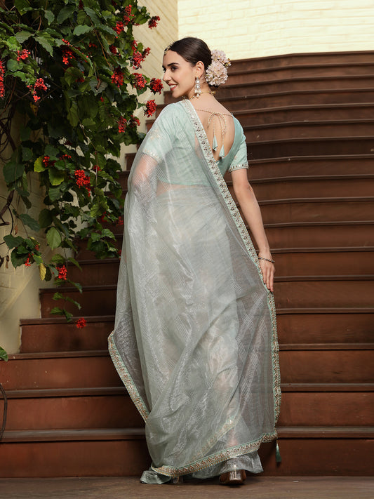 Stylum Women's Sky Blue Gota Patti Work Shimmer Net Saree (SRSKYBELL)