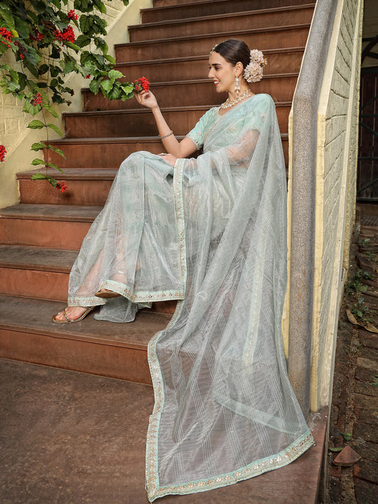 Stylum Women's Sky Blue Gota Patti Work Shimmer Net Saree (SRSKYBELL)