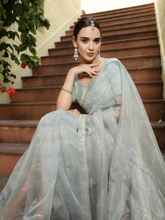 Stylum Women's Sky Blue Gota Patti Work Shimmer Net Saree (SRSKYBELL)