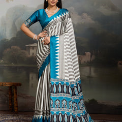 Stylum Women's Sky Ajrakh Printed Modal Satin Saree With Unstitched Blouse Piece (SRSKYBORIL)