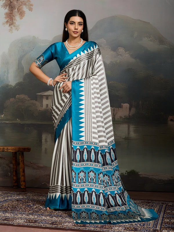 Stylum Women's Sky Ajrakh Printed Modal Satin Saree With Unstitched Blouse Piece (SRSKYBORIL)