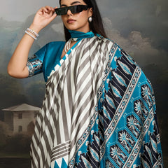 Stylum Women's Sky Ajrakh Printed Modal Satin Saree With Unstitched Blouse Piece (SRSKYBORIL)
