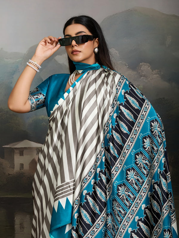 Stylum Women's Sky Ajrakh Printed Modal Satin Saree With Unstitched Blouse Piece (SRSKYBORIL)