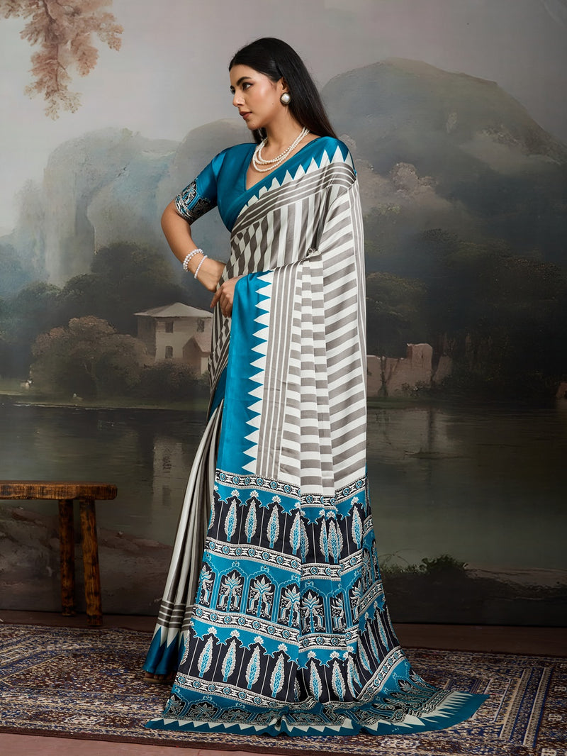 Stylum Women's Sky Ajrakh Printed Modal Satin Saree With Unstitched Blouse Piece (SRSKYBORIL)