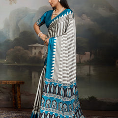 Stylum Women's Sky Ajrakh Printed Modal Satin Saree With Unstitched Blouse Piece (SRSKYBORIL)