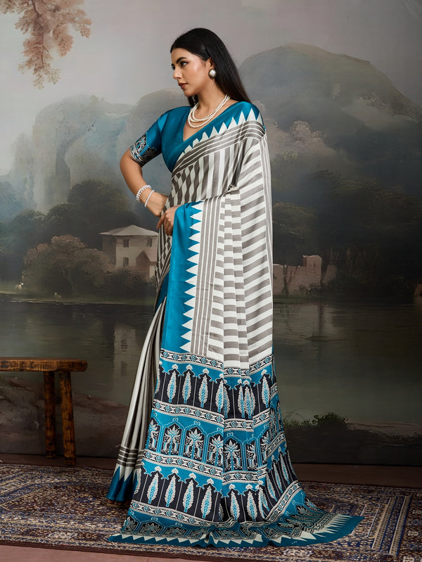 Stylum Women's Sky Ajrakh Printed Modal Satin Saree With Unstitched Blouse Piece (SRSKYBORIL)