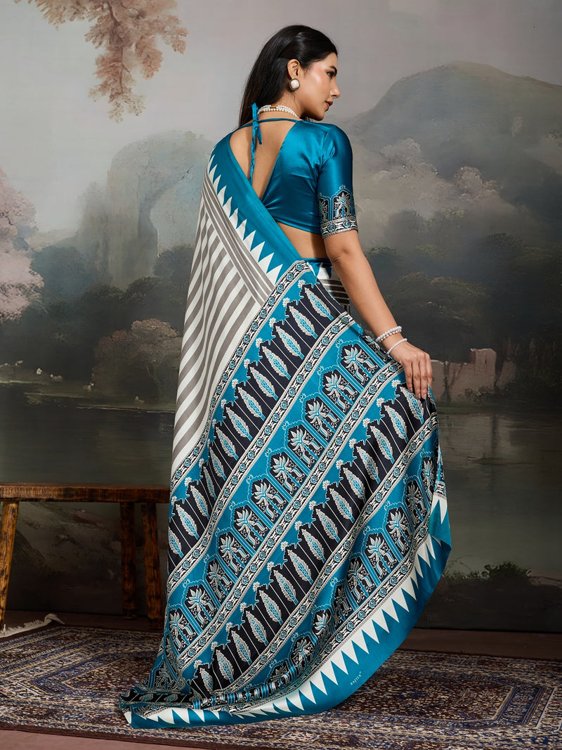 Stylum Women's Sky Ajrakh Printed Modal Satin Saree With Unstitched Blouse Piece (SRSKYBORIL)