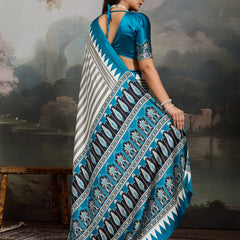 Stylum Women's Sky Ajrakh Printed Modal Satin Saree With Unstitched Blouse Piece (SRSKYBORIL)