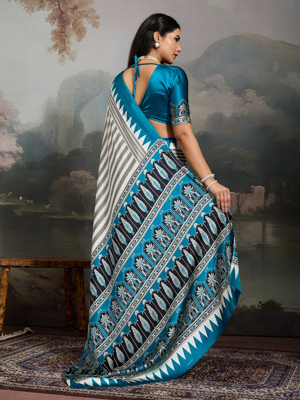 Stylum Women's Sky Ajrakh Printed Modal Satin Saree With Unstitched Blouse Piece (SRSKYBORIL)