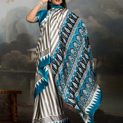 Stylum Women's Sky Ajrakh Printed Modal Satin Saree With Unstitched Blouse Piece (SRSKYBORIL)