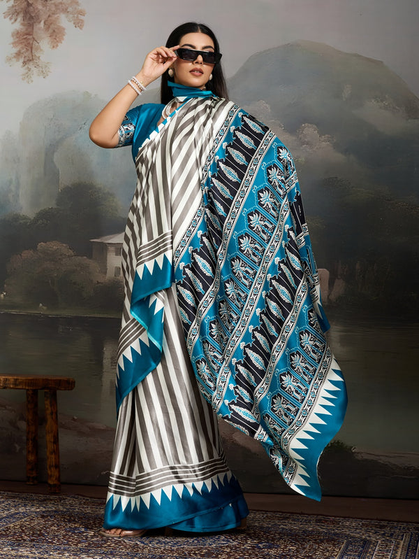 Stylum Women's Sky Ajrakh Printed Modal Satin Saree With Unstitched Blouse Piece (SRSKYBORIL)