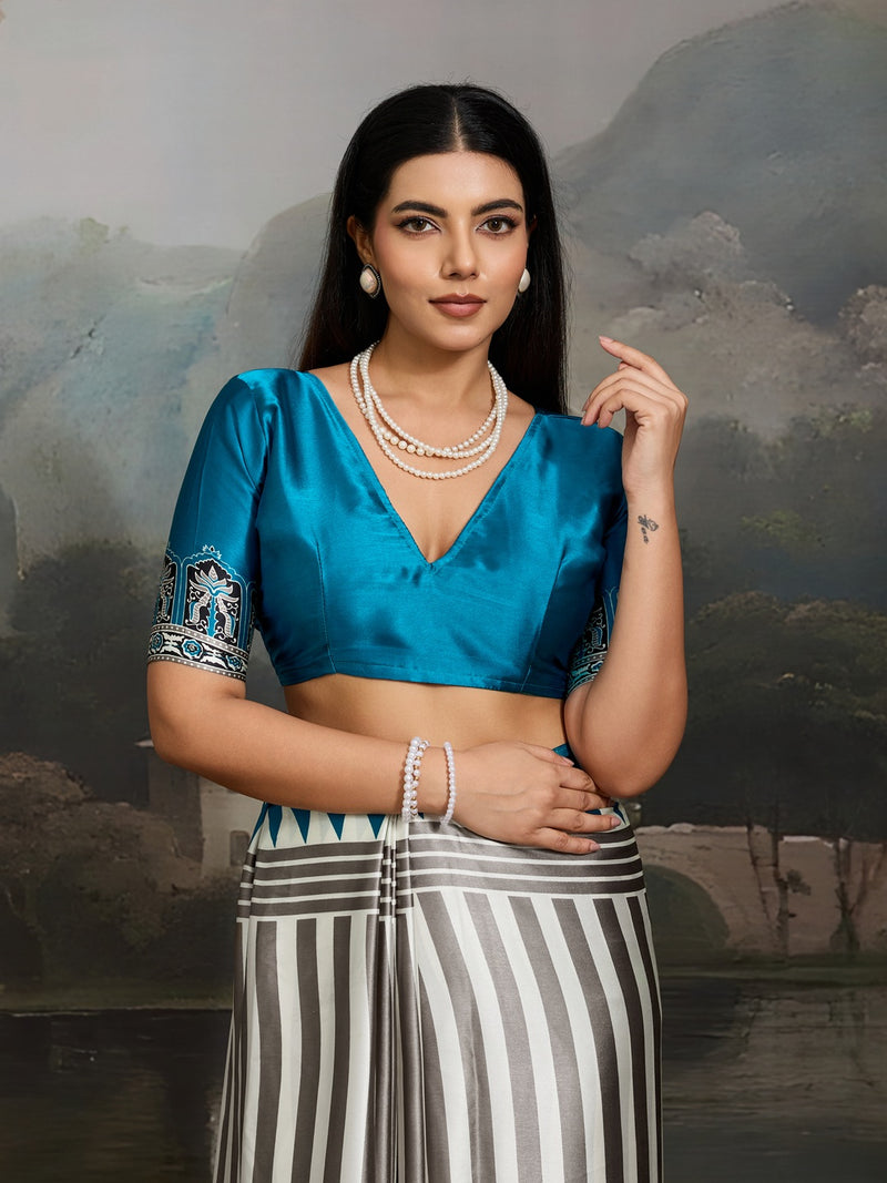 Stylum Women's Sky Ajrakh Printed Modal Satin Saree With Unstitched Blouse Piece (SRSKYBORIL)