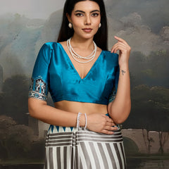 Stylum Women's Sky Ajrakh Printed Modal Satin Saree With Unstitched Blouse Piece (SRSKYBORIL)