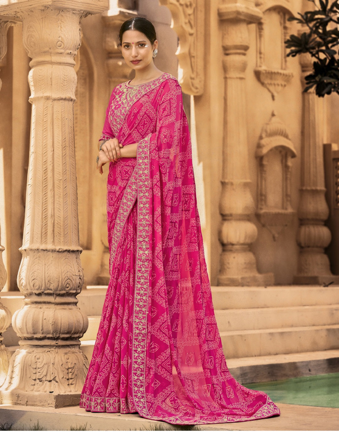 Stylum Women's Magenta Bhandej Printed Georgette Saree (SRSUBHARAMBHMAGENTA)