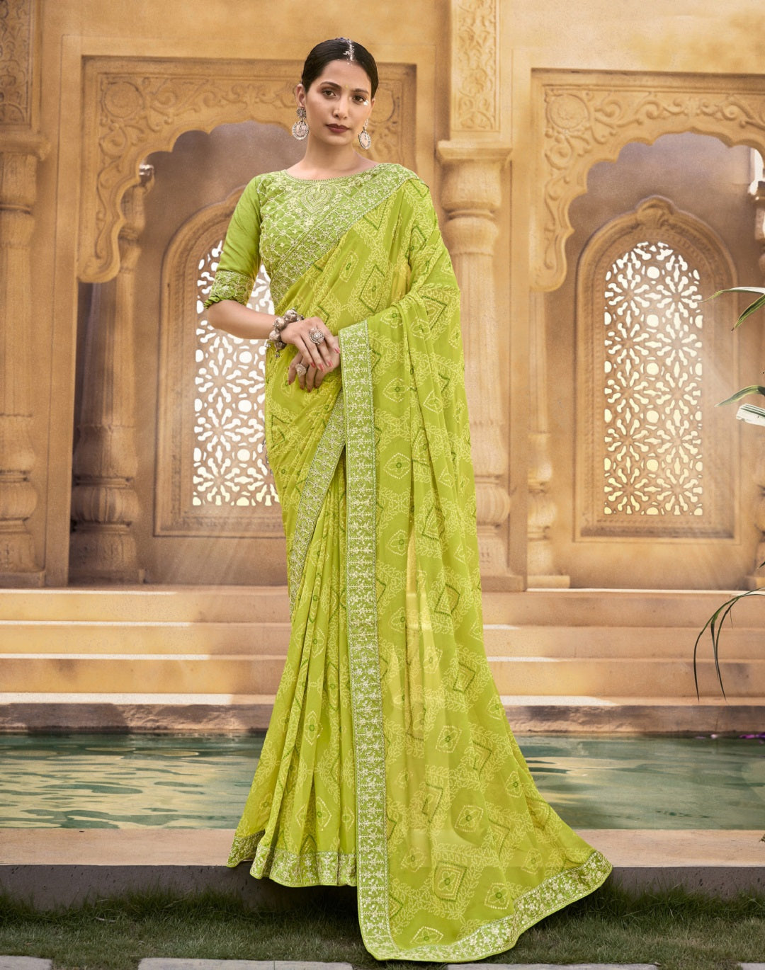 Stylum Women's Green Bhandej Printed Georgette Saree (SRSUBHARAMBHMEHANDI)