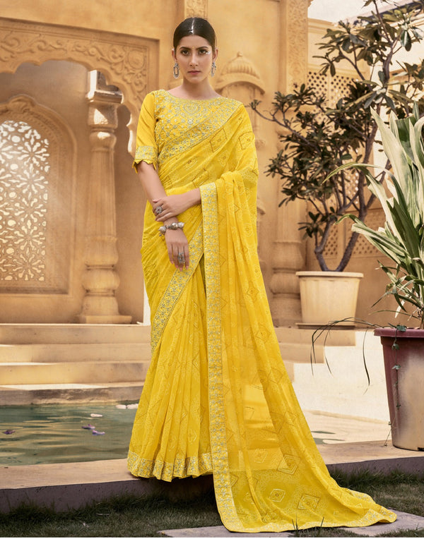 Stylum Women's Mustard Bhandej Printed Georgette Saree (SRSUBHARAMBHMUSTARD)
