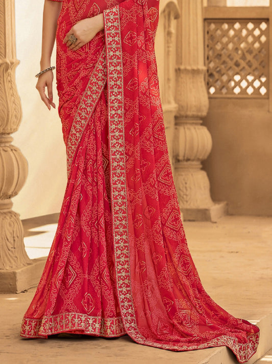 Stylum Women's Red Bhandej Printed Georgette Saree (SRSUBHARAMBHRED)