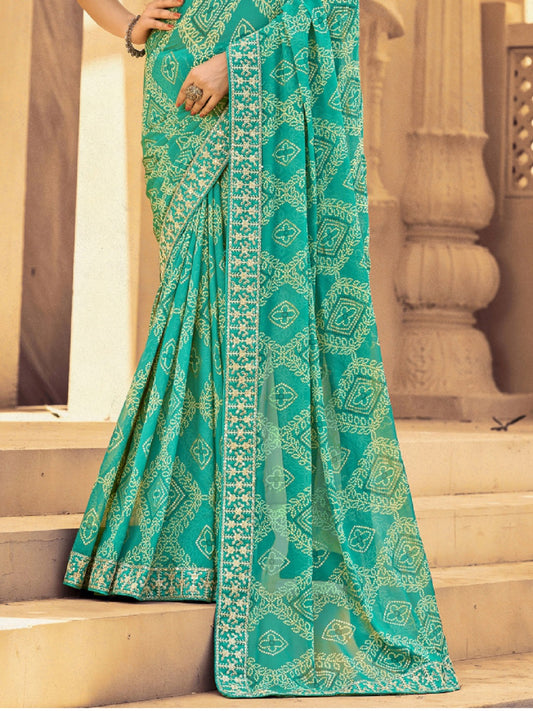 Stylum Women's Turquoise Bhandej Printed Georgette Saree (SRSUBHARAMBHTURQ)