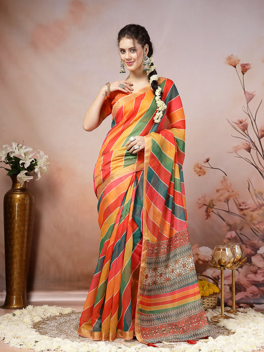 Stylum Women's Multi Leheriya Zari Cotton Blend Saree (SRSUMALIMULTI)