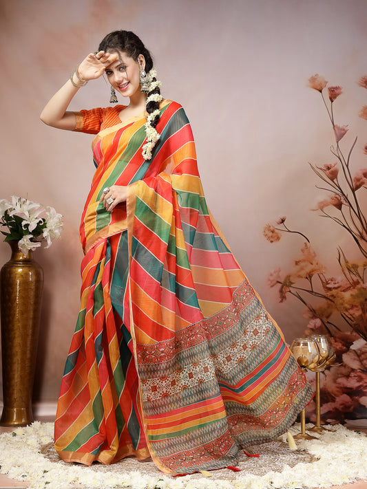 Stylum Women's Multi Leheriya Zari Cotton Blend Saree (SRSUMALIMULTI)