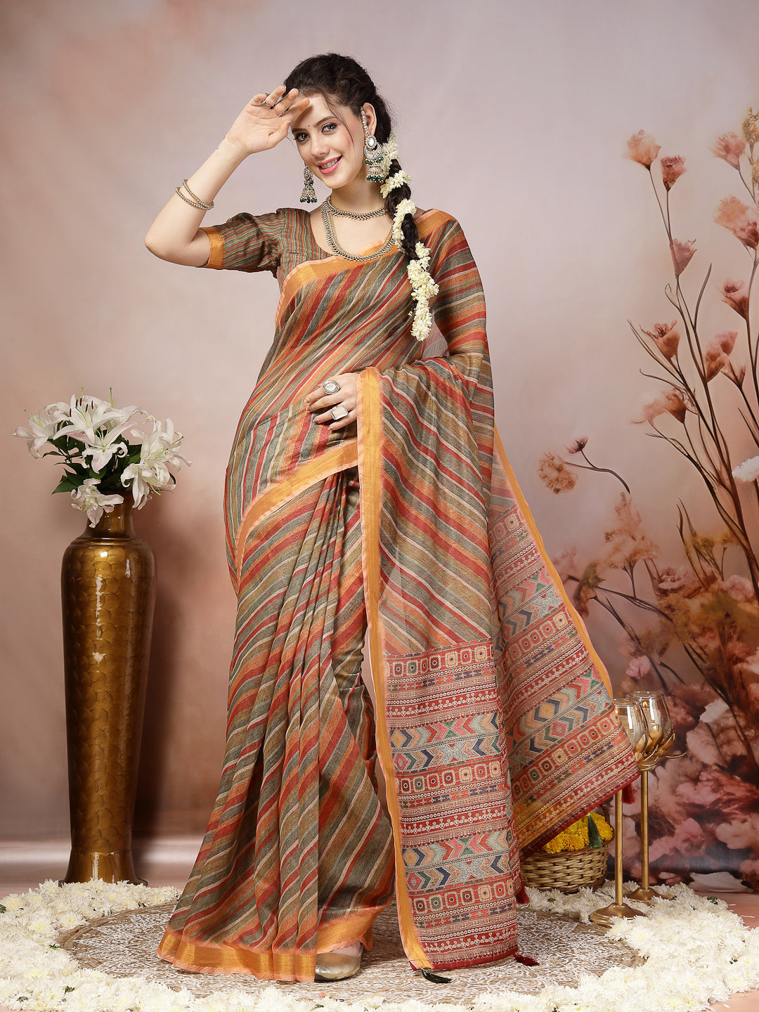 Stylum Women's Olive Leheriya Zari Cotton Blend Saree (SRSUMALIOLIVE)