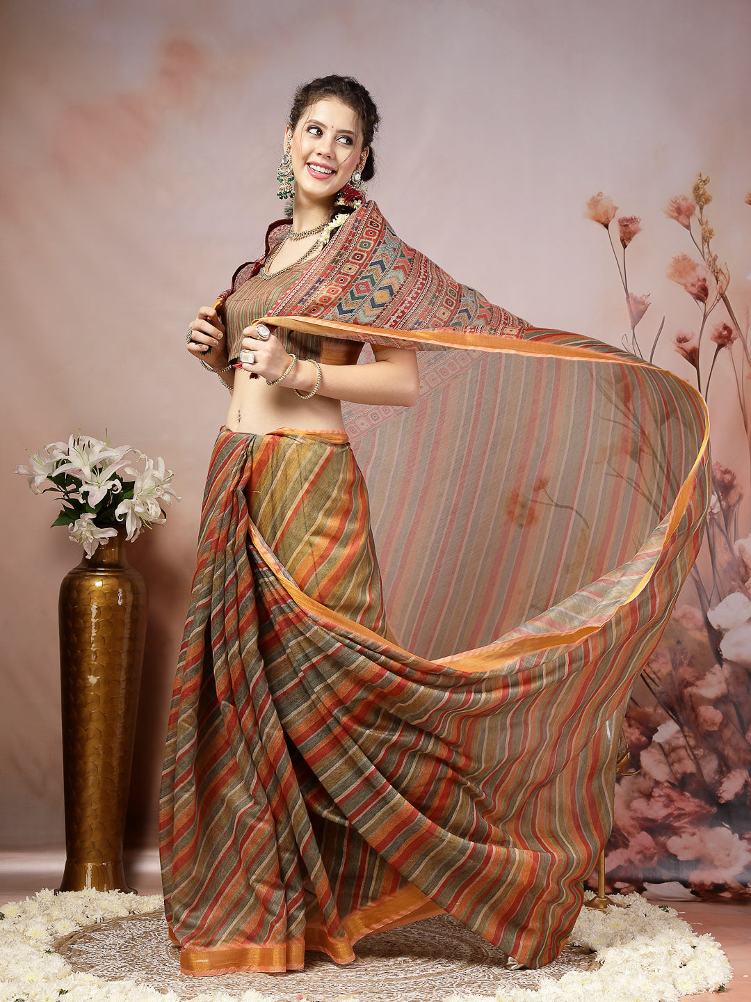 Stylum Women's Olive Leheriya Zari Cotton Blend Saree (SRSUMALIOLIVE)