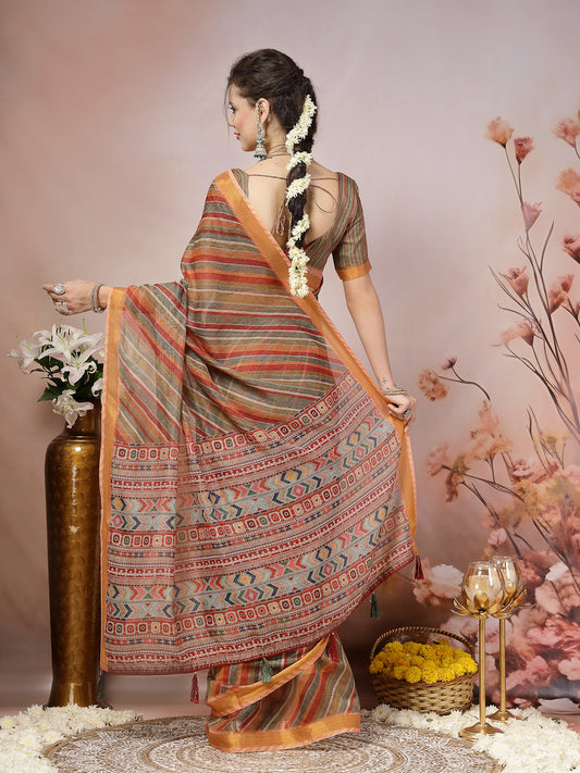 Stylum Women's Olive Leheriya Zari Cotton Blend Saree (SRSUMALIOLIVE)