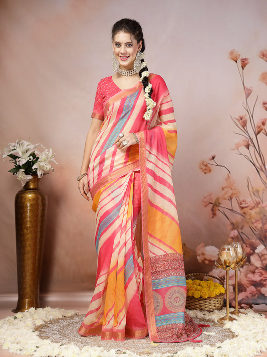 Stylum Women's Pink Leheriya Bandhej Zari Cotton Blend Saree (SRSUMALIPINK)