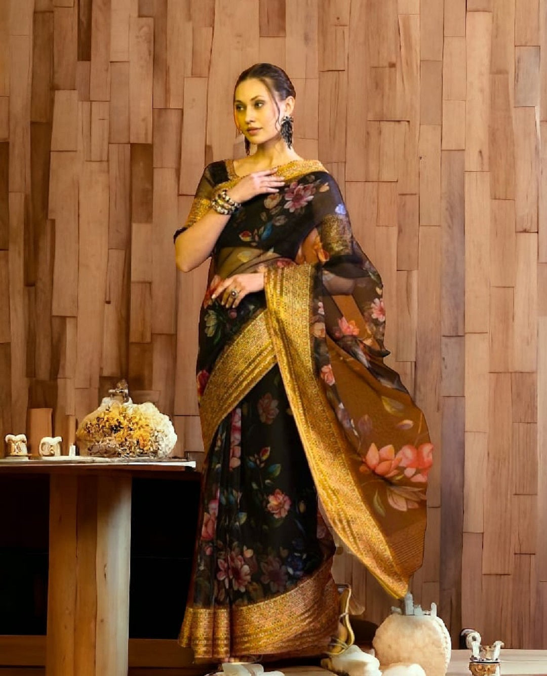 Stylum Women's Black Ethnic Floral Zari Organza Saree (SRSUNFLOWERBLACK)