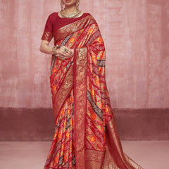 Stylum Women's Leheriya & Bandhej Printed Zari Border Silk Saree (SRSUPREMEMAROON)