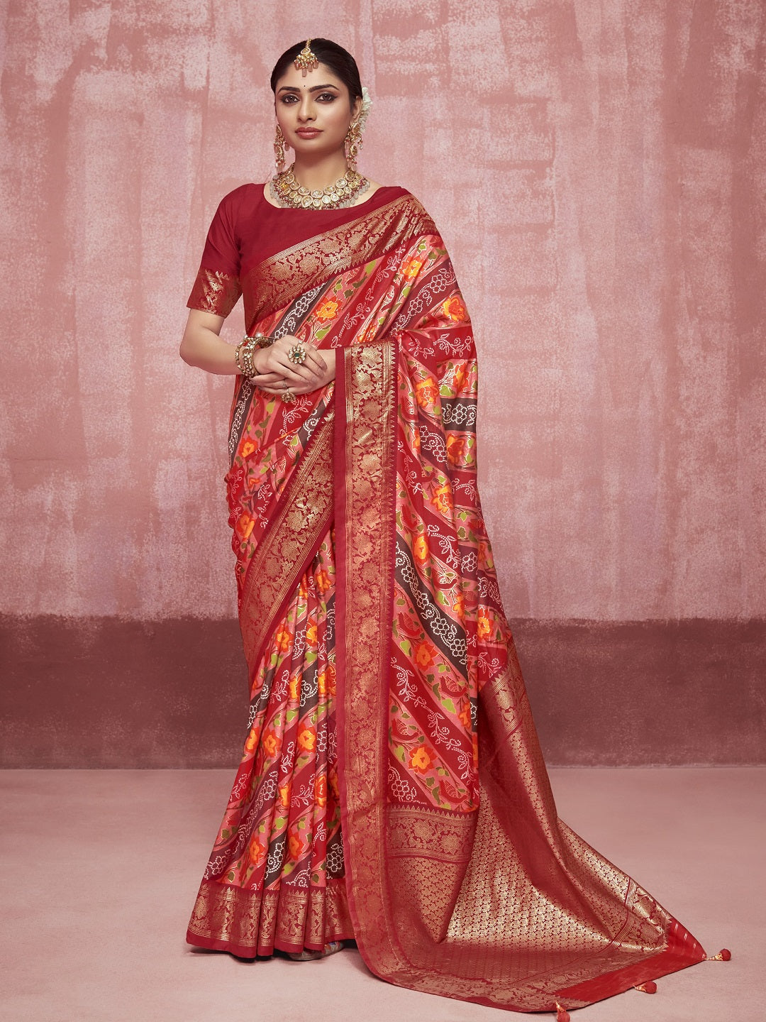 Stylum Women's Leheriya & Bandhej Printed Zari Border Silk Saree (SRSUPREMEMAROON)