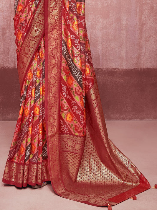 Stylum Women's Leheriya & Bandhej Printed Zari Border Silk Saree (SRSUPREMEMAROON)