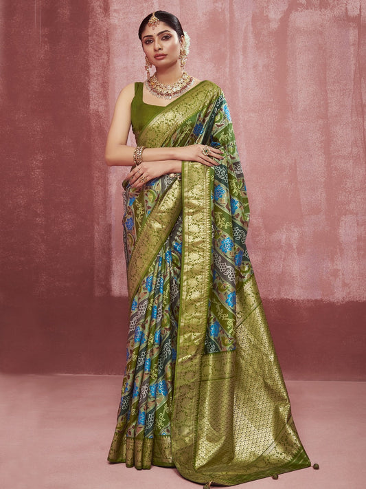 Stylum Women's Leheriya & Bandhej Printed Zari Border Silk Saree (SRSUPREMEMEHNDIGREEN)