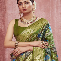 Stylum Women's Leheriya & Bandhej Printed Zari Border Silk Saree (SRSUPREMEMEHNDIGREEN)