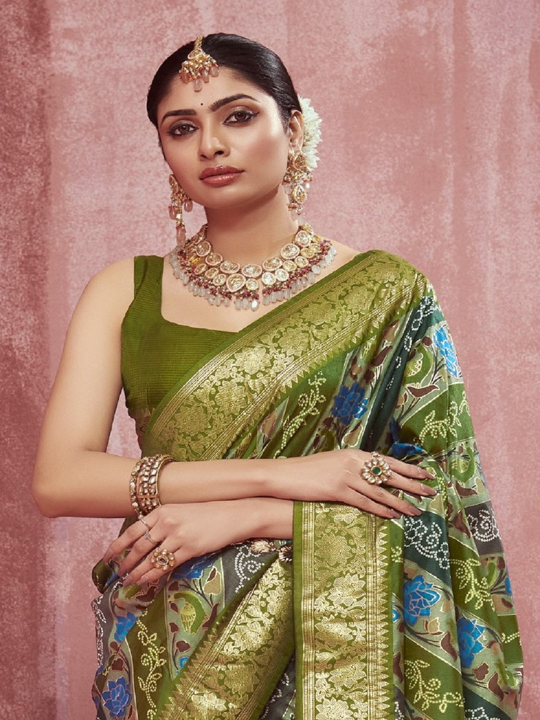 Stylum Women's Leheriya & Bandhej Printed Zari Border Silk Saree (SRSUPREMEMEHNDIGREEN)