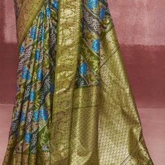 Stylum Women's Leheriya & Bandhej Printed Zari Border Silk Saree (SRSUPREMEMEHNDIGREEN)