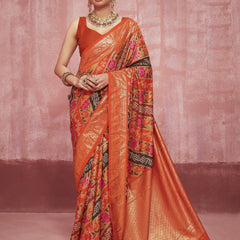 Stylum Women's Leheriya & Bandhej Printed Zari Border Silk Saree (SRSUPREMEORANGE)