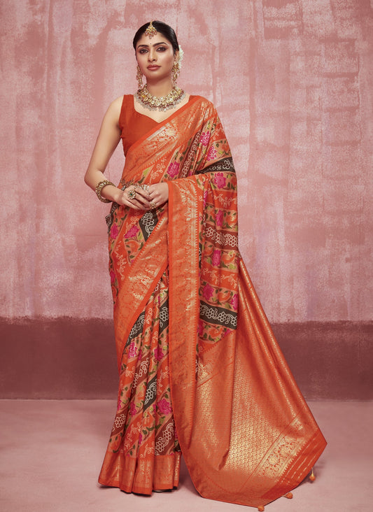 Stylum Women's Leheriya & Bandhej Printed Zari Border Silk Saree (SRSUPREMEORANGE)