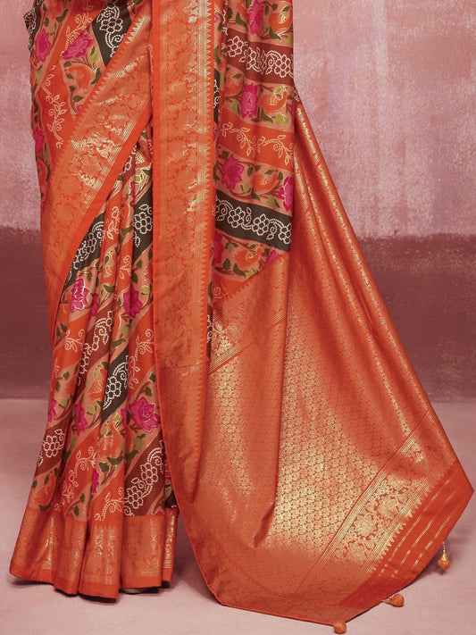 Stylum Women's Leheriya & Bandhej Printed Zari Border Silk Saree (SRSUPREMEORANGE)