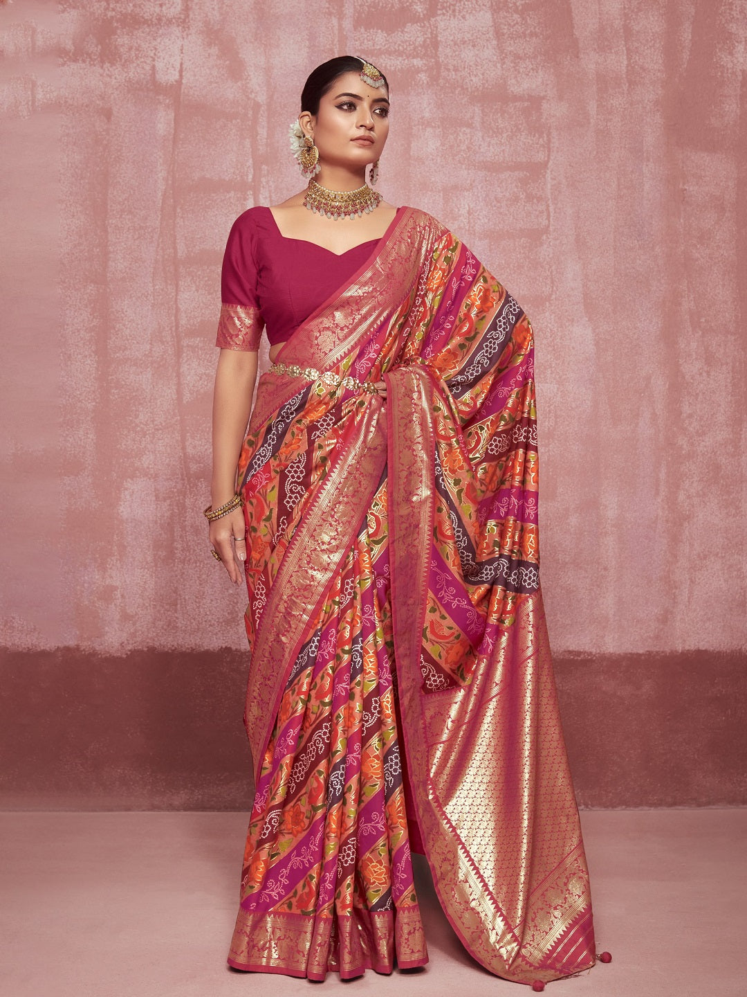 Stylum Women's Leheriya & Bandhej Printed Zari Border Silk Saree (SRSUPREMEPINK)