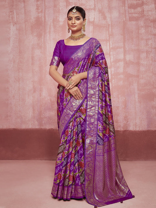 Stylum Women's Leheriya & Bandhej Printed Zari Border Silk Saree (SRSUPREMEPURPLE)