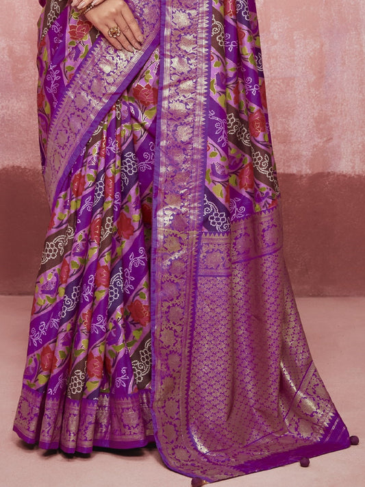 Stylum Women's Leheriya & Bandhej Printed Zari Border Silk Saree (SRSUPREMEPURPLE)