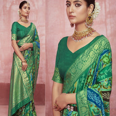 Stylum Women's Leheriya & Bandhej Printed Zari Border Silk Saree (SRSUPREMERAMAGREEN)