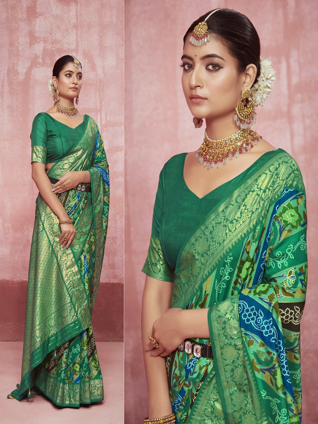 Stylum Women's Leheriya & Bandhej Printed Zari Border Silk Saree (SRSUPREMERAMAGREEN)