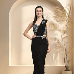 Stylum Women's Black Party Wear Ruffled & Belted Ready To Wear Lycra Saree (SRWENDYBLACK)